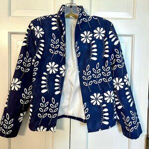 Painted Pony 3/4 Sleeve Open Front Jacket XS Flower Child Blue White Floral NWT